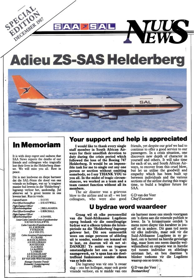 Im Dezember 1987 veröffentlichte SAA intern dieses Schreiben zum Absturz der "Helderberg" - Foto: Archiv Im Dezember 1987 veröffentlichte SAA intern dieses Schreiben zum Absturz der "Helderberg" - Foto: Archiv