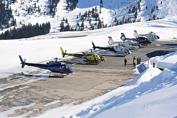 Line-up of six Eurocopter/Aérospatiale at the Heliport-Courchevel - Foto: Andy Herzog