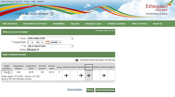 Screenshot von der Ethiopian Airlines Homepage
