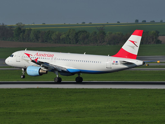 Der erste der beiden neuen A320, die OE-LBV, "Weinviertel" bei der Landung in Wien - Foto: Austrian Wings Media Crew