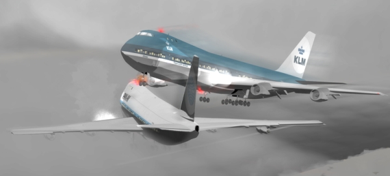 Diese Grafik verdeutlicht den Ablauf des Unglücks: KLM Kapitän van Zanten versucht verzweifelt, sein Flugzeug hochzuziehen und kollidiert mit dem Pan Am Jumbo, der seinerseits noch versucht, die Startbahn zu verlassen - Grafik: Wiki Commons