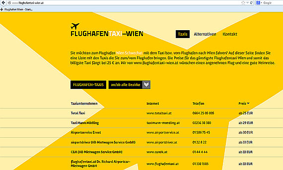 Flughafen Taxi Wien Homepage - Grafik: Screenshot