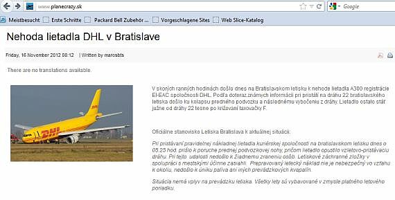 Screenshot eines Berichtes über den Zwischenfall auf "Planecrazy.sk"