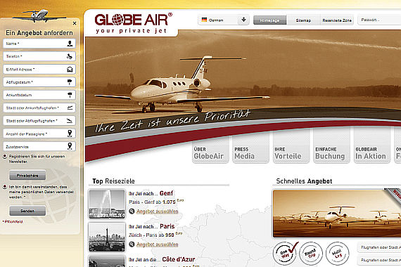 Screenshot GlobeAir Globe Air Homepage