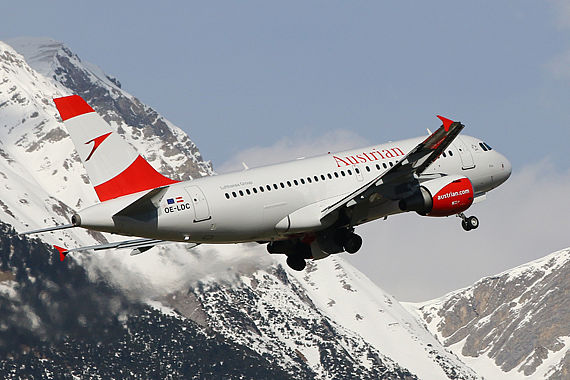 AUA Austrian Airlines Airbus A319 OE-LDC beim Start in Innsbruck