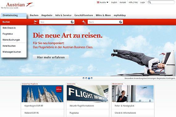 Screenshot der neu gestalteten AUA-Homepage