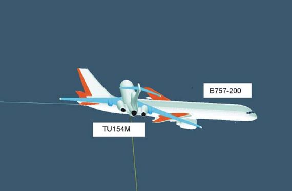 Rekonstruktion des Zusammenstoßes anhand von Flugschreiberdaten und Berührungsspuren - Grafik: BFU Rekonstruktion des Zusammenstoßes anhand von Flugschreiberdaten und Berührungsspuren - Grafik: BFU