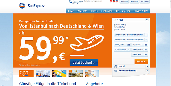 Screenshot der neuen SunExpress Homepage