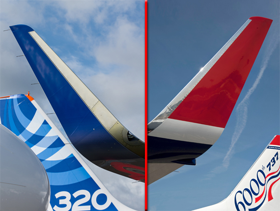 Links: Sharklet - rechts Blended Winglet (Fotos: Airbus u. Boeing - Montage: Austrian Wings)