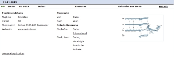 Emirates A380 Ankunft - Screenshot: Flughafen Wien Homepage