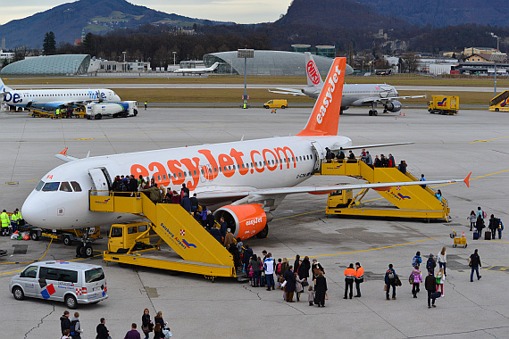 Flughafen Salzburg Winterspotten Jänner 2014 EasyJet A320 Passagiere verlassen das Flugzeug Überblick Foto PA Austrian Wings Media Crw
