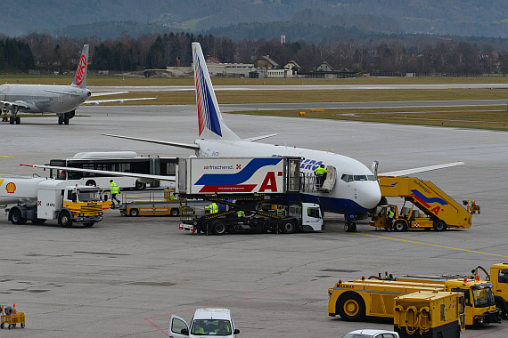 Flughafen Salzburg Winterspotten Jänner 2014 Transaero Boeing 737-700 EI-ETX Catering Foto PA Austrian Wings Media Crew