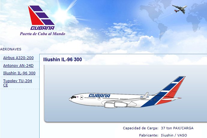Teil der „Flotte“- Sektion der Cubana Homepage.