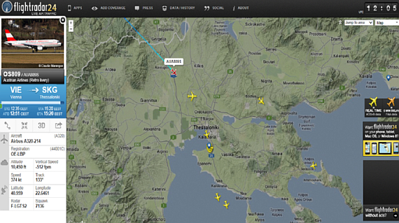 Flug OS 809 auf dem Weg nach Griechenland - Screenshot: M. Huber Flug OS 809 auf dem Weg nach Griechenland - Screenshot: M. Huber