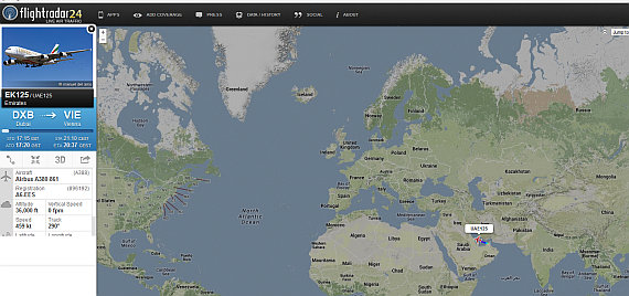 Flightradar24 Screenshot der Maschine kurz nach dem Start in Dubai.