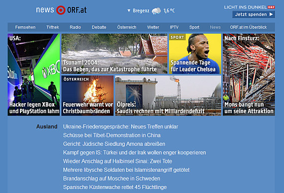 Screenshot von ORF.at am 26. Dezember 2014