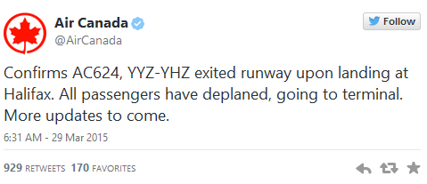 Air Canada bestätigte den Unfall auf Twitter - Screenshot
