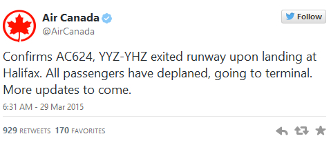 Air Canada bestätigte den Unfall auf Twitter - Screenshot Air Canada bestätigte den Unfall auf Twitter - Screenshot