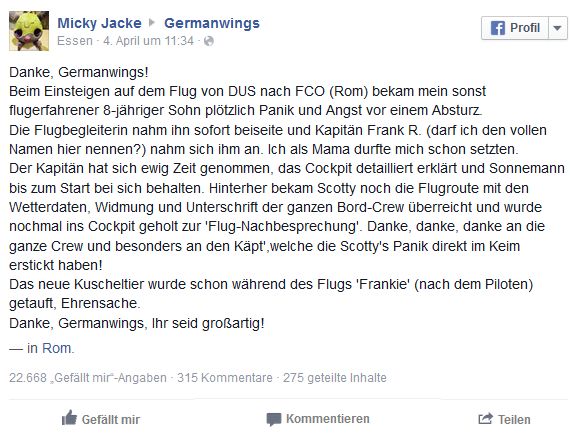 Screenshot der Danksagung auf Facebook Screenshot der Danksagung auf Facebook