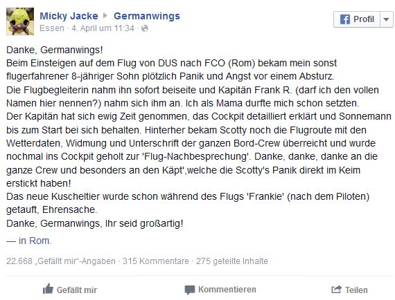 Screenshot der Danksagung auf Facebook