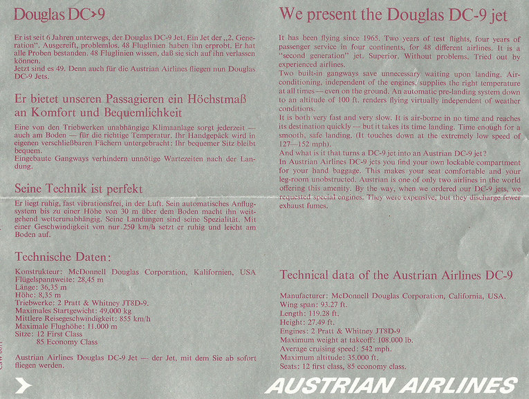Broschüre, welche von der AUA anlässlich der DC-9-Einflottung aufgelegt wurde. Broschüre, welche von der AUA anlässlich der DC-9-Einflottung aufgelegt wurde.