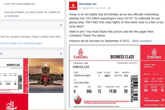 Die falsche Emirates-Seite mit ebenso gefälschtem Gewinnspiel. - Screenshot Facebook