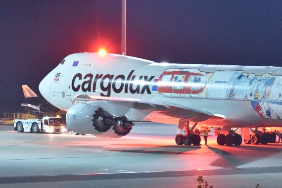 DSC_0410 cropped closeup First Landing Cargolux Boeing 747-8F LX-VCM special 45yrs clrs at VIE on 17102015 Credit Patrick Huber Austrian Wings