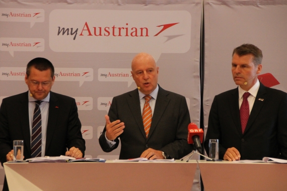 Der AUA-Vorstand (Heinz Lachinger, Kay Kratky, Andreas Otto) bei der heutigen Pressekonferenz zur "Next Level Austrian". Der AUA-Vorstand (Heinz Lachinger, Kay Kratky, Andreas Otto) bei der heutigen Pressekonferenz zur "Next Level Austrian".