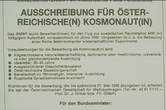 Rund 200 Österreicher bewarben sich auf diese Ausschreibung hin, doch nur zwei - Viehböck und Lothaller - bestanden den harten Auswahlprozess - Foto: www.franzviehboeck.com Rund 200 Österreicher bewarben sich auf diese Ausschreibung hin, doch nur zwei - Viehböck und Lothaller - bestanden den harten Auswahlprozess - Foto: www.franzviehboeck.com