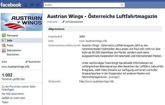 Facebook-Fanpage von Austrian Wings