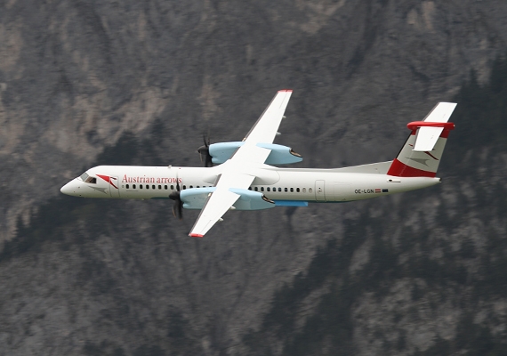 Austrian setzt bei ihren Flügen nach Altenrhein auf die Dash 8-400; diese sei nach Altenrhein "wirtschaftlicher als jeder Jet zu betreiben" - Foto: Simon Mathoi