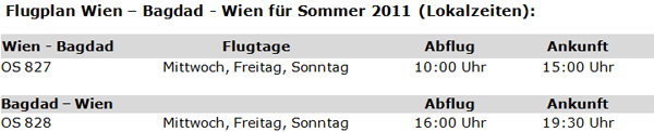 Austrian Airlines fliegen ab 8. Juni 2011 nach Bagdad