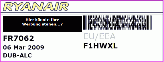 Ryanair - Bordkarte mit Werbung