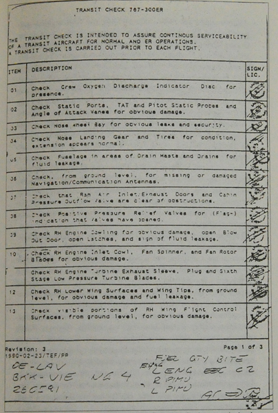 Die Transit Check Karte der "Mozart" vom Tag des Absturzes: rechts unten hat der Lauda Air Techniker die Fehlermeldung "L ENG EEC C2" handschriftlich vermerkt - Scan: ZVG